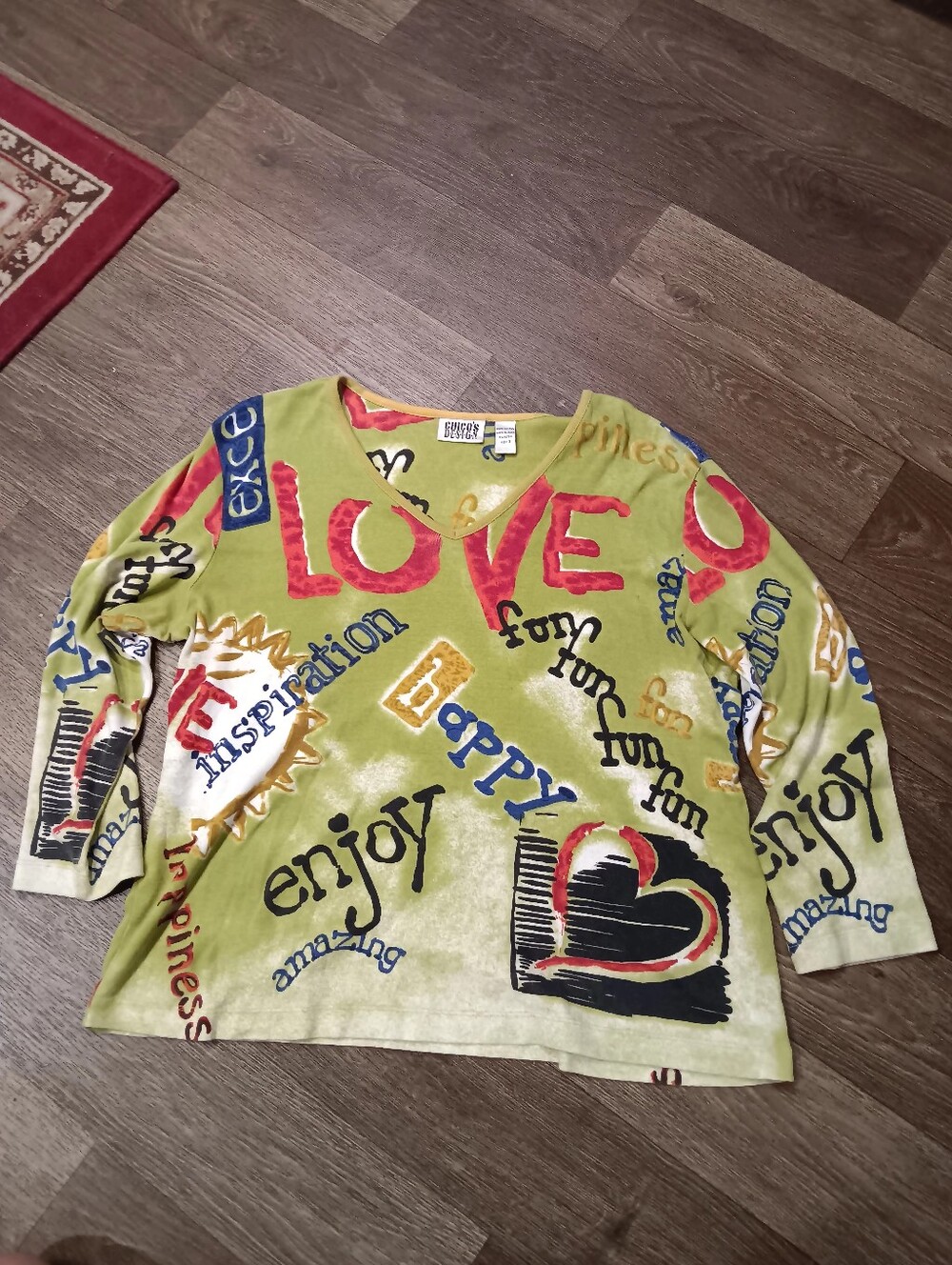 Chico's Lime Green Graphic 'LOVE' Women  Long-Sleeve Top Sz 3 Cute Vintage